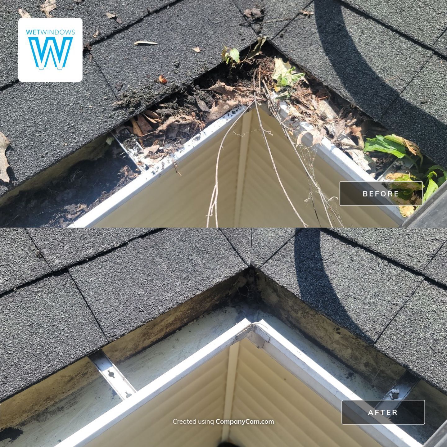 A split-screen comparison showing a roof gutter filled with leaves and debris before and after cleaning.