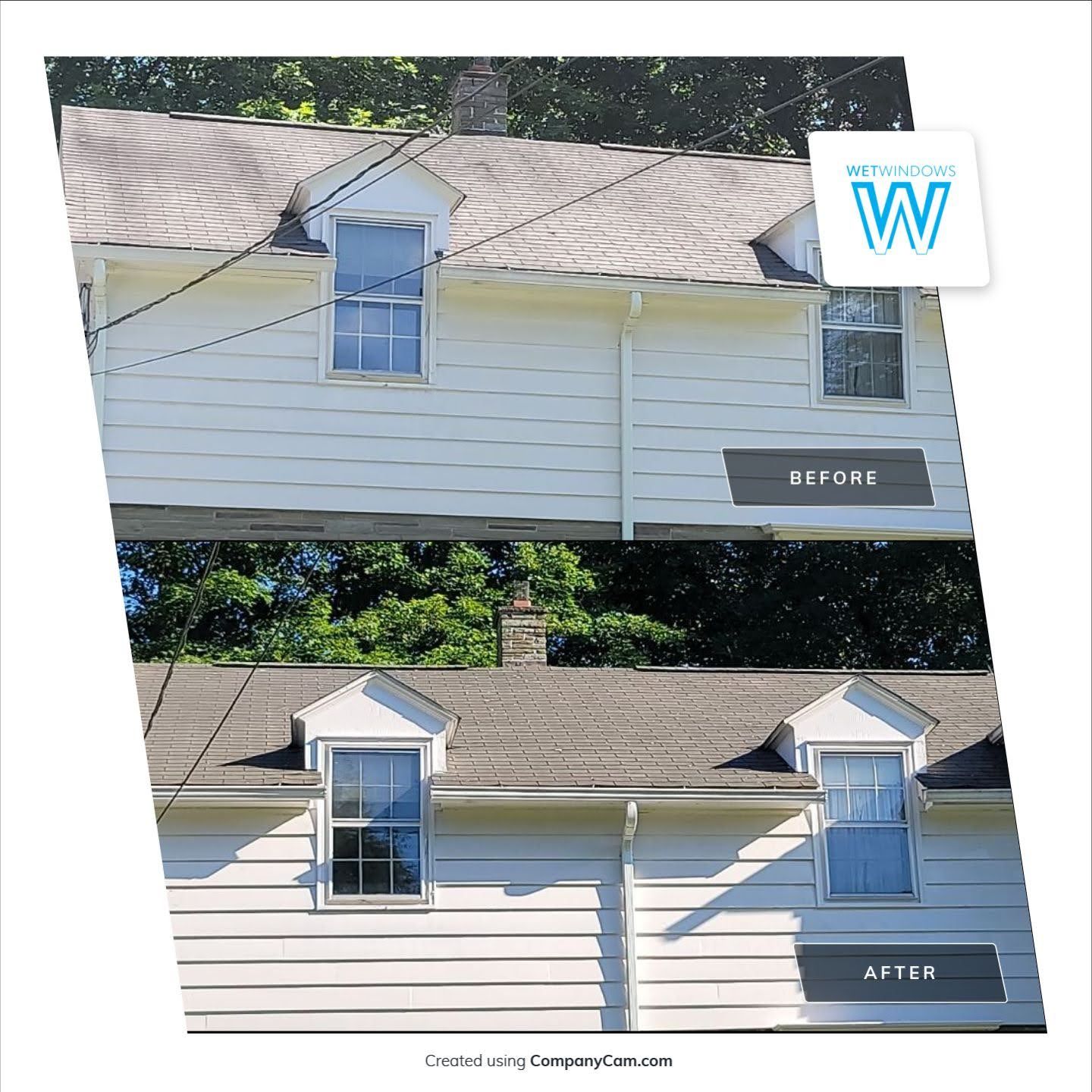 Before and after comparison showing roof cleaning services removing dark stains from a residential roof.