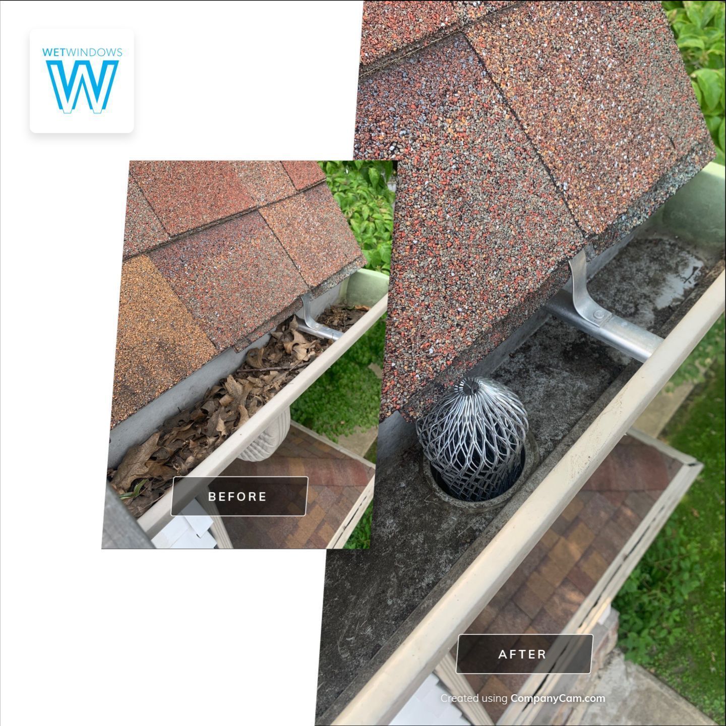 Before and after view of a gutter cleaning service, showing debris removed and a protective mesh guard installed.
