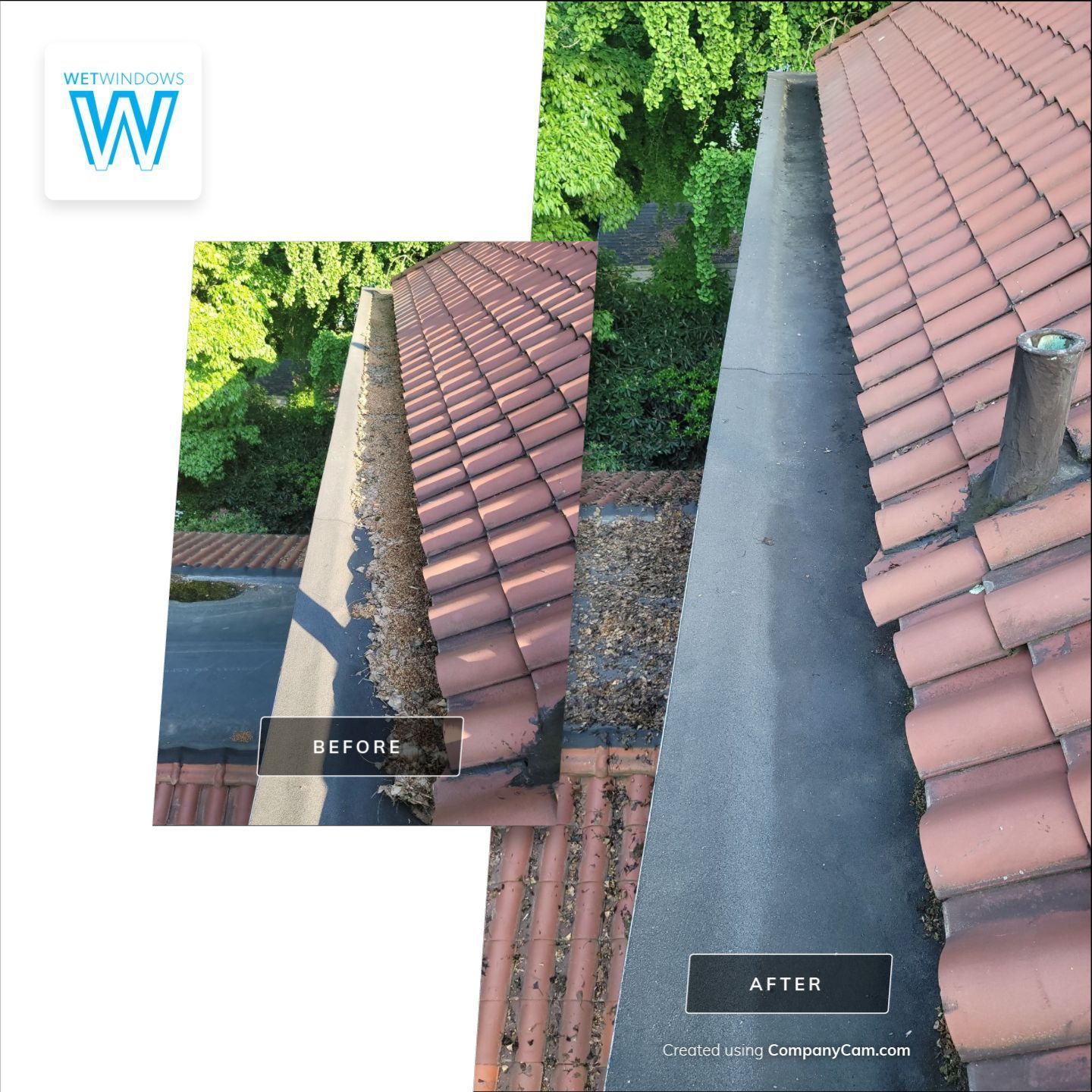 Before and after images showing a roof gutter cleared of debris and leaves, highlighting professional cleaning services.