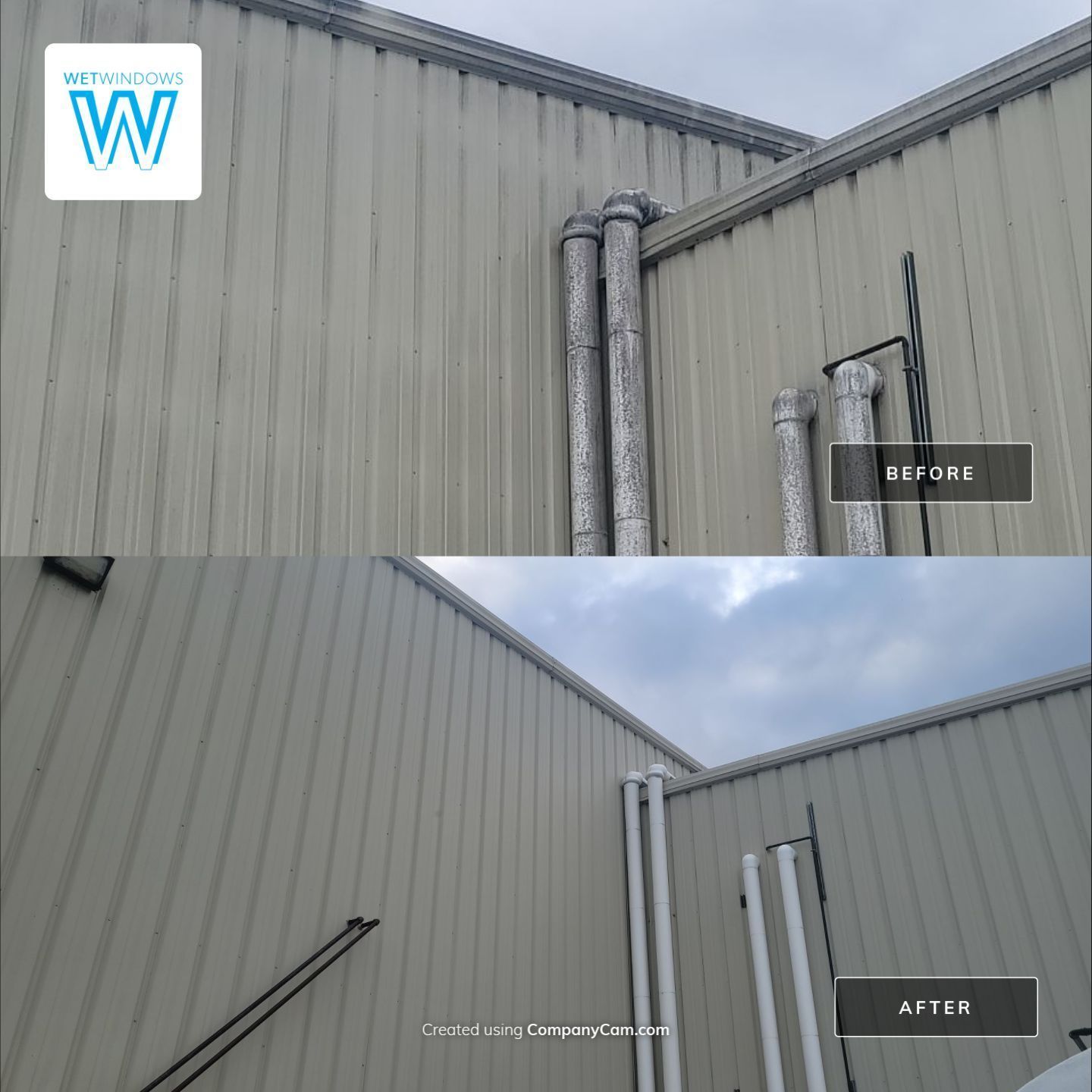 Before-and-after comparison showing a metal building wall and pipes cleaned of grime, displaying a brighter, refreshed look.