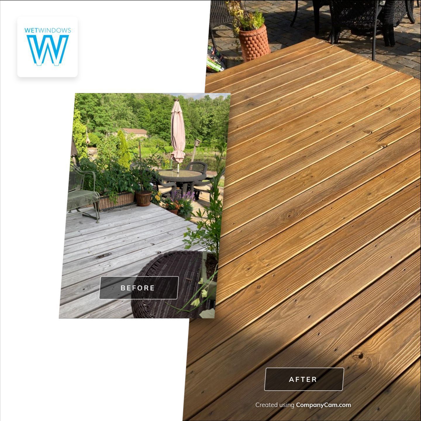 A comparison showing a weathered grey deck before and a newly stained, rich brown wood deck after restoration.