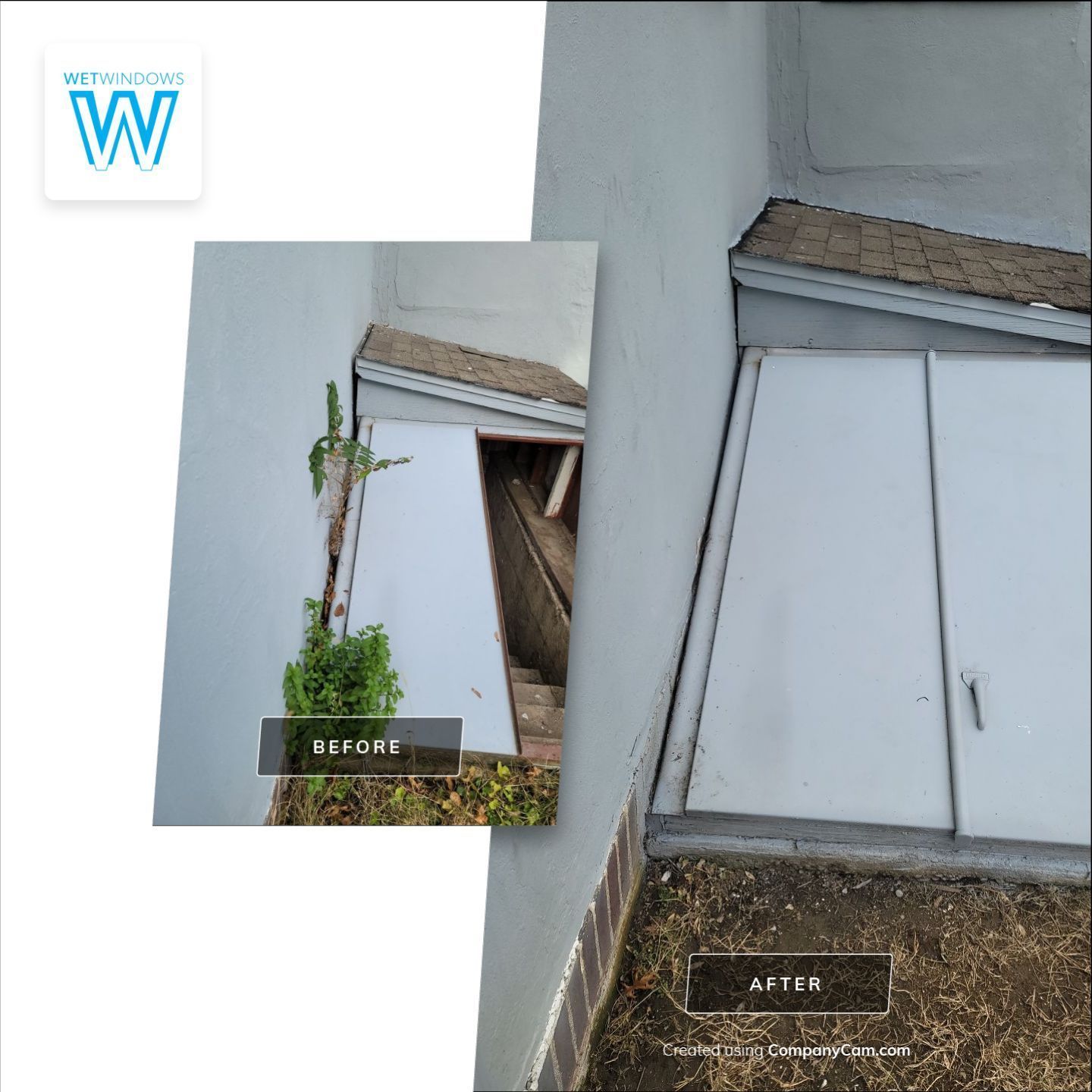 A before-and-after comparison showing the repair of a metal basement bulkhead door set against a grey exterior wall.