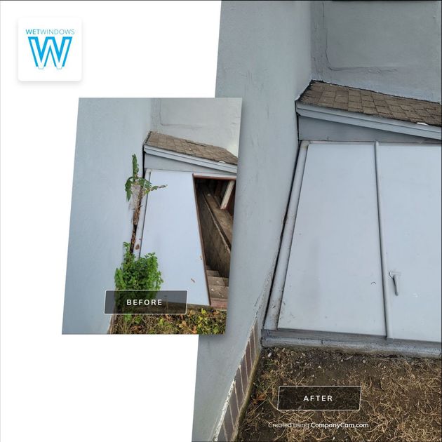 A before-and-after comparison showing the repair of a metal basement bulkhead door set against a grey exterior wall.
