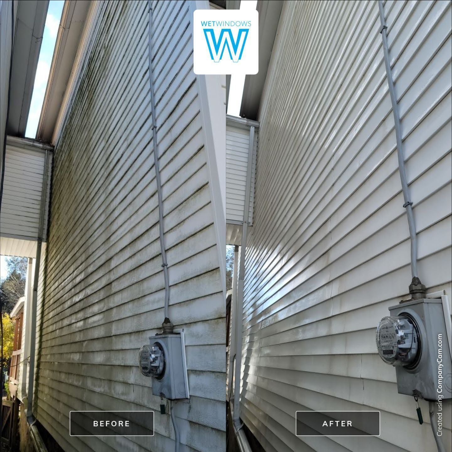 A split-screen view shows a white house siding before and after being power washed, removing dirt and green algae stains.
