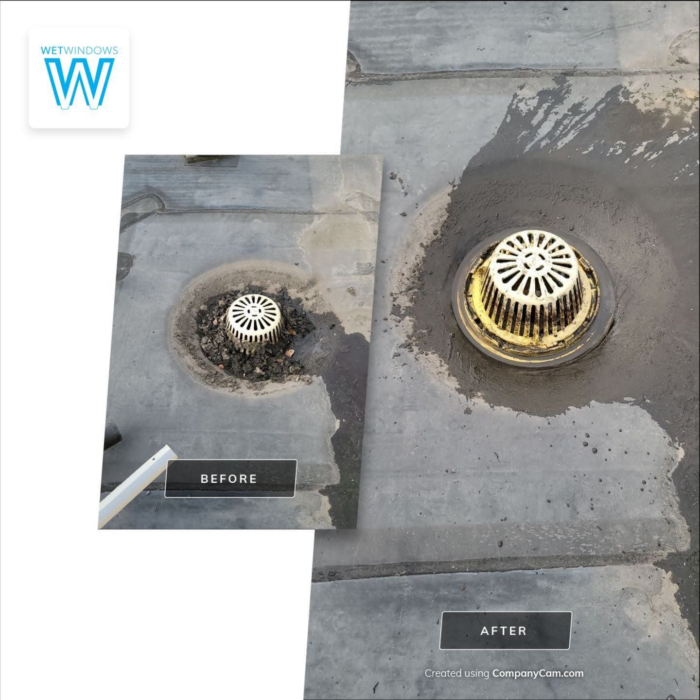 Split-screen view of a flat roof drain: on the left, clogged with debris; on the right, cleaned and clear.