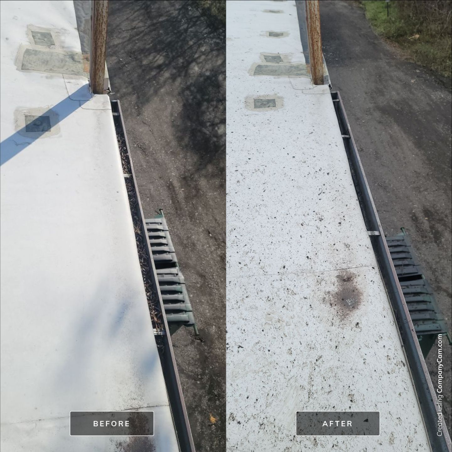Before-and-after view of a flat roof showing a clean gutter after debris removal.
