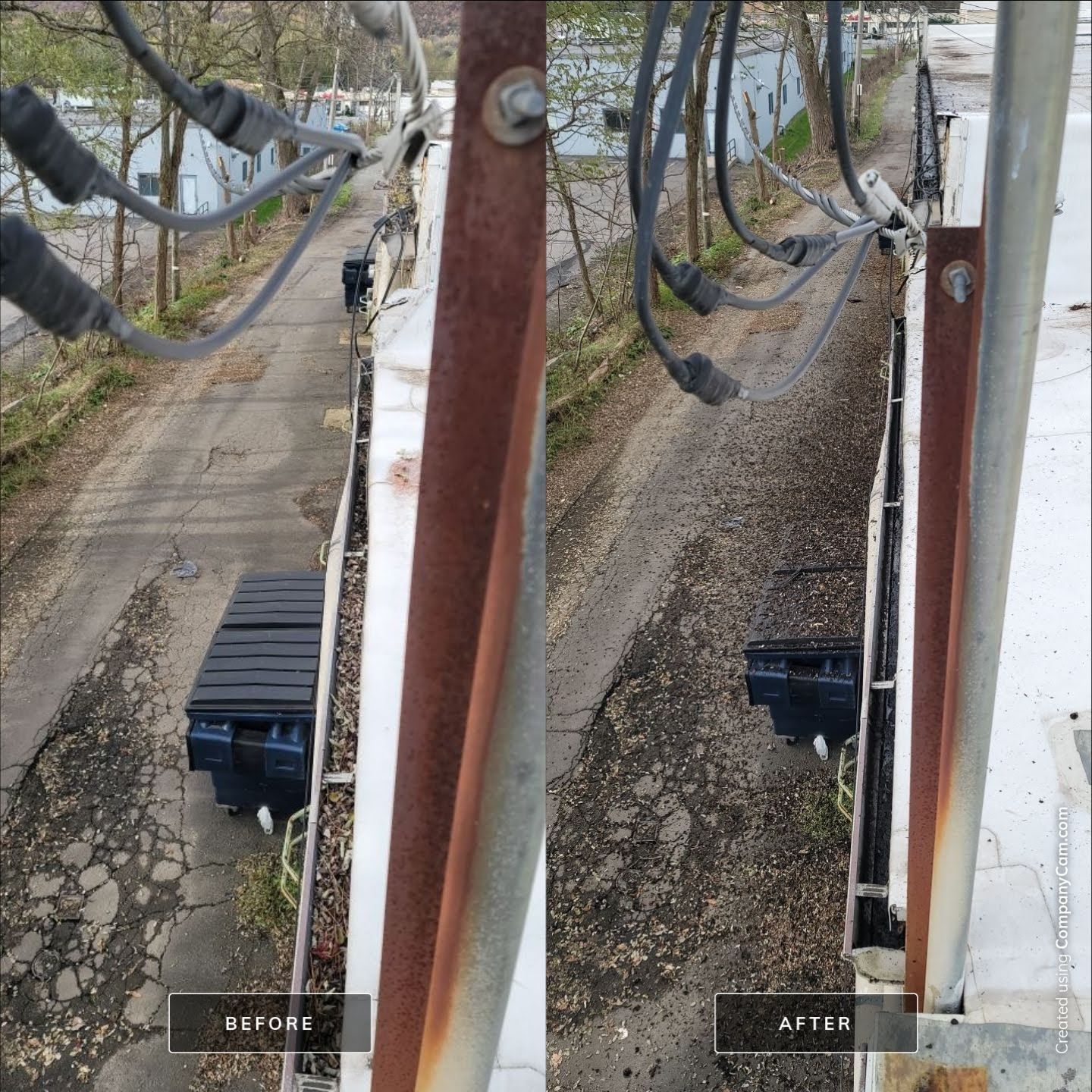 A split-screen comparison showing a gutter filled with debris on the left, and a cleaned gutter on the right.