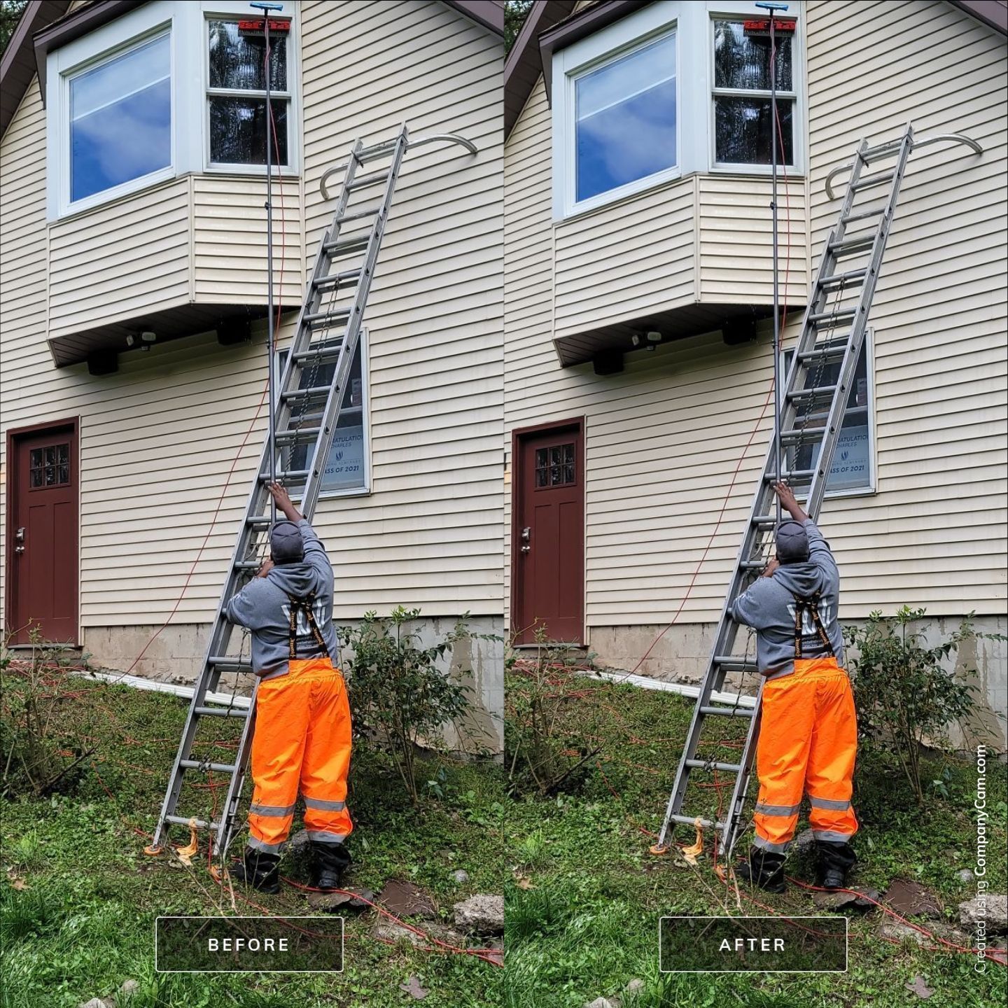 A side-by-side comparison shows a worker in orange trousers climbing a ladder against a house, before and after cleaning.