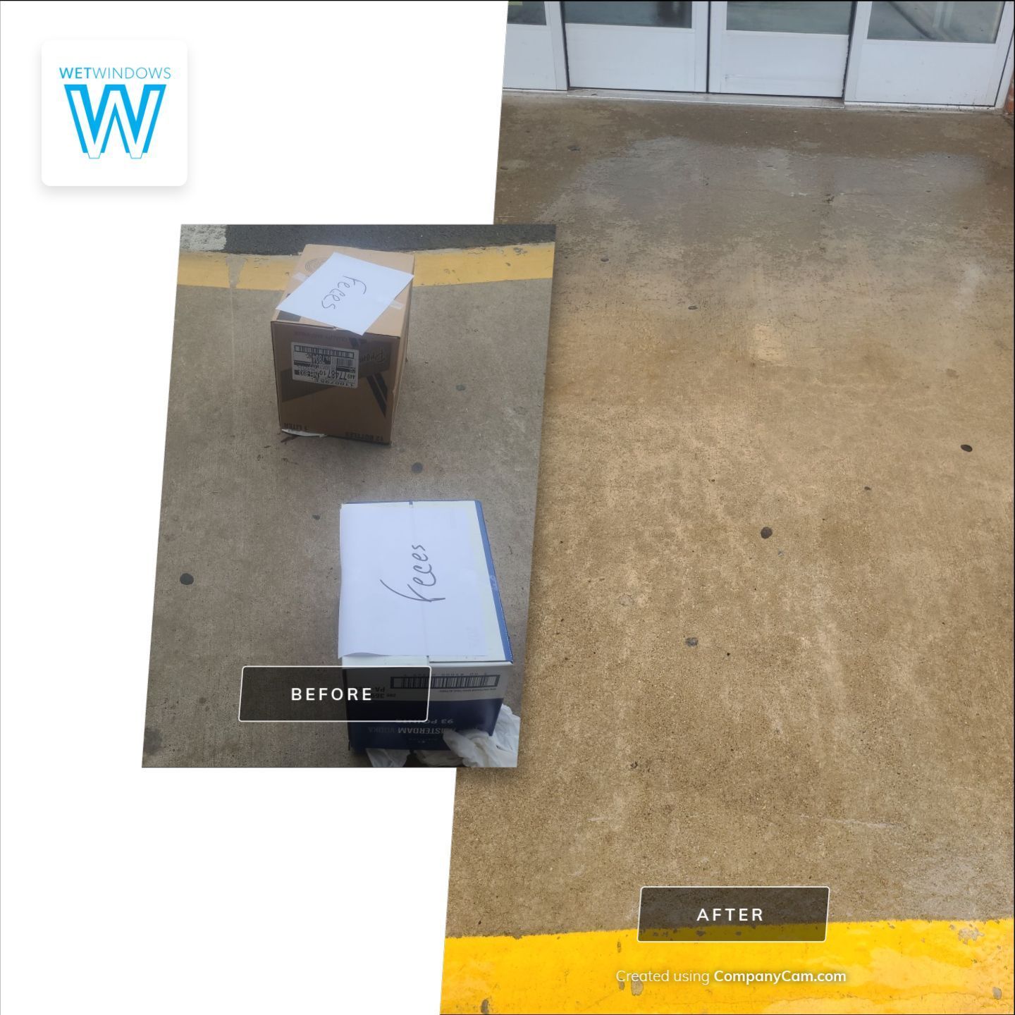 A before and after comparison of a sidewalk cleaning service, showing a concrete entrance cleared of debris and boxes.