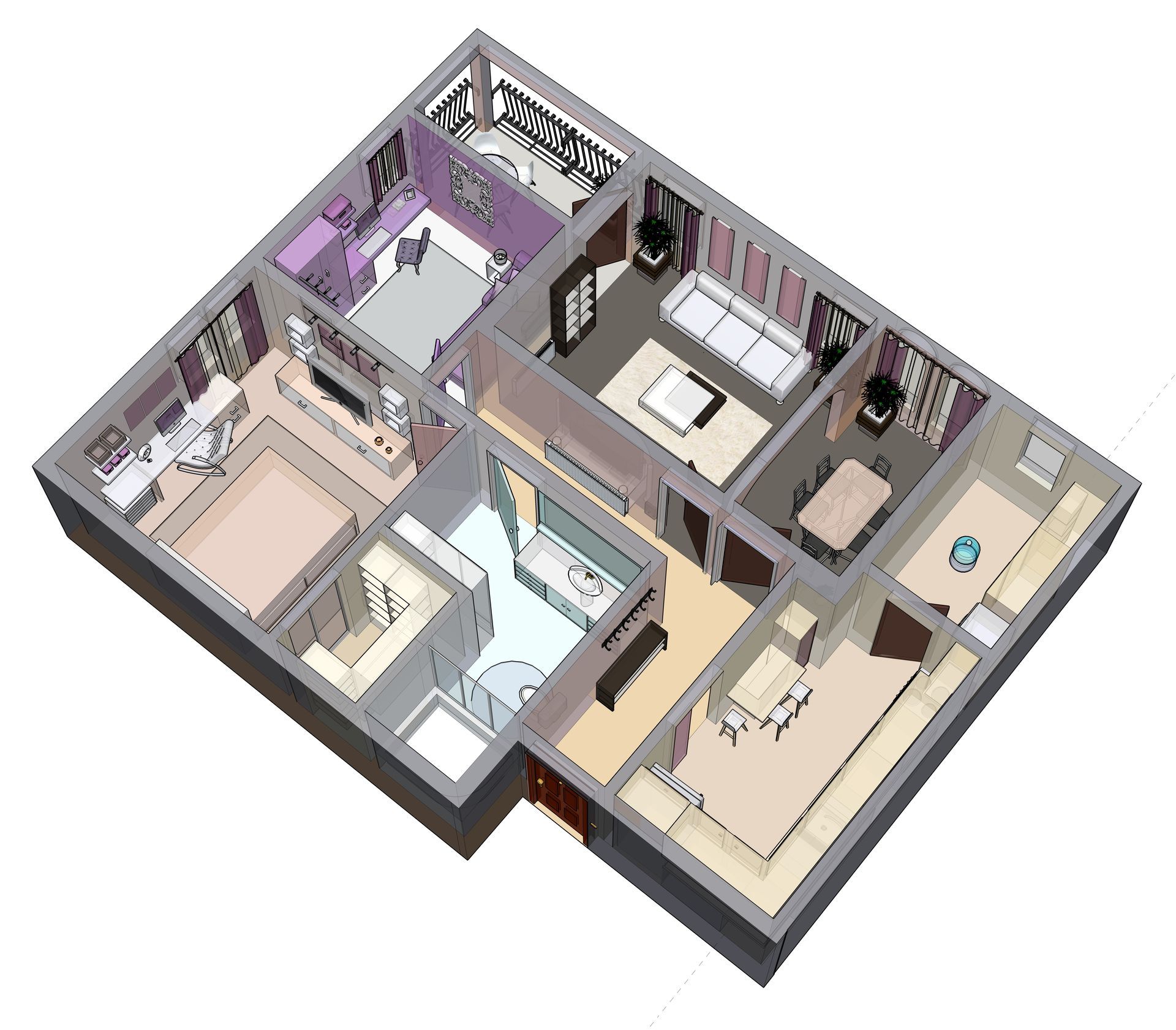 An isometric floor plan of a house with a lot of rooms