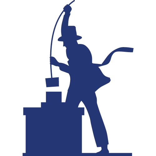 A silhouette of a chimney sweep standing on top of a chimney.