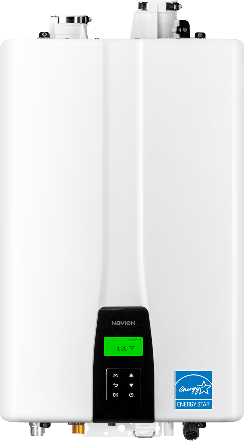 A white water heater with a green screen on it is on a white background.