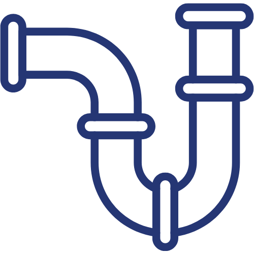 A line drawing of a sink drain with two pipes attached to it.