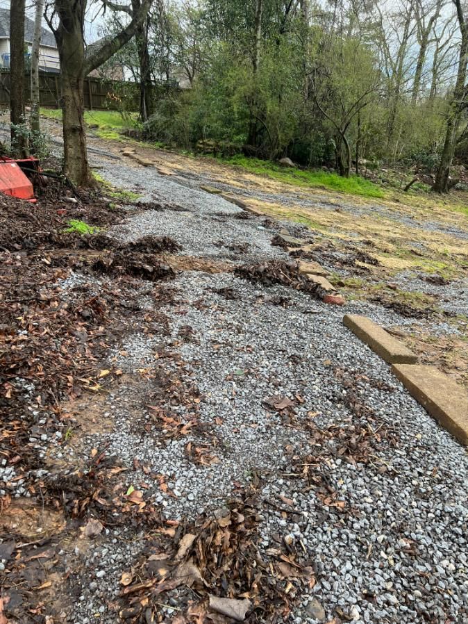 Gravel pathway lined with wooden planks, leading uphill towards trees and foliage. Overcast day.