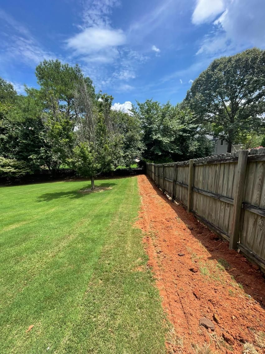 A cleared dirt path along a wooden fence in a grassy backyard under a blue sky.