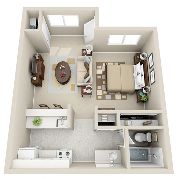 A 3d floor plan of a small apartment