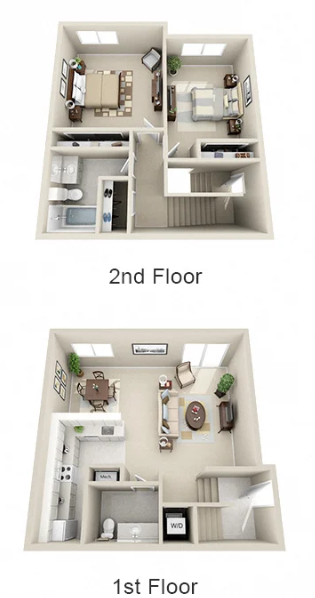 A 3d floor plan of a house showing the 2nd floor and 1st floor.