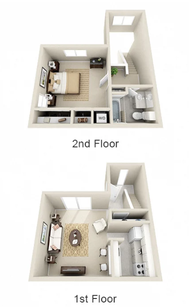 A 3d floor plan of a house showing the second floor and first floor.