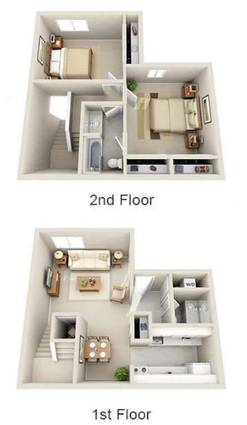 A 3d floor plan of a house showing the 2nd floor and 1st floor.