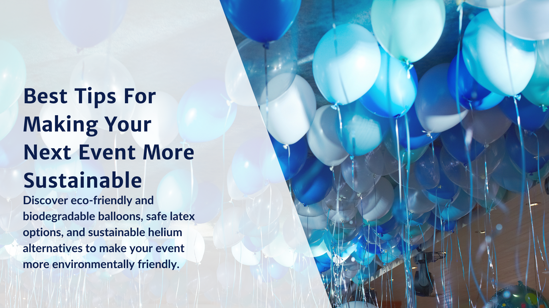 A bunch of blue and white balloons hanging from the ceiling.