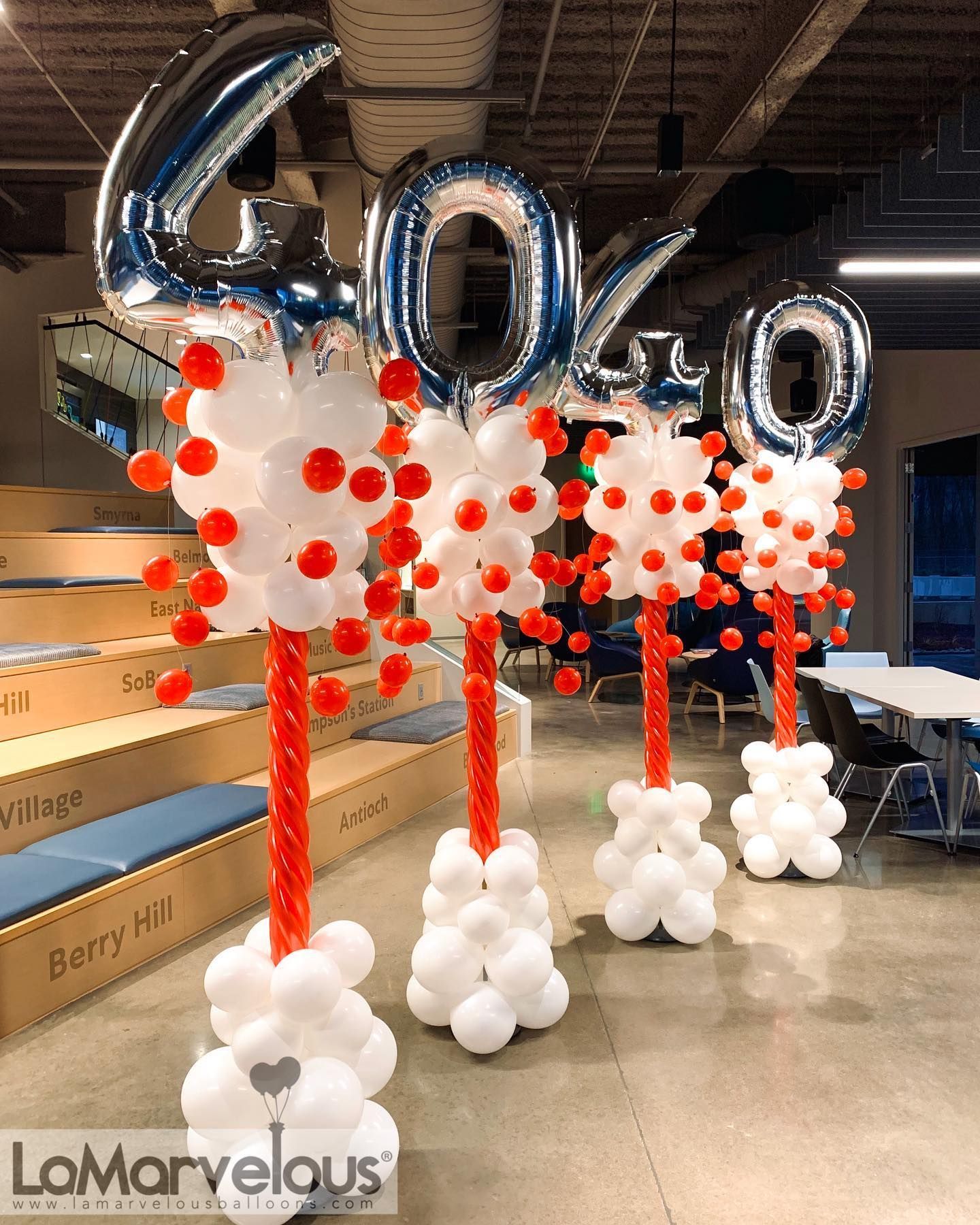A room filled with balloons and a sign that says 40