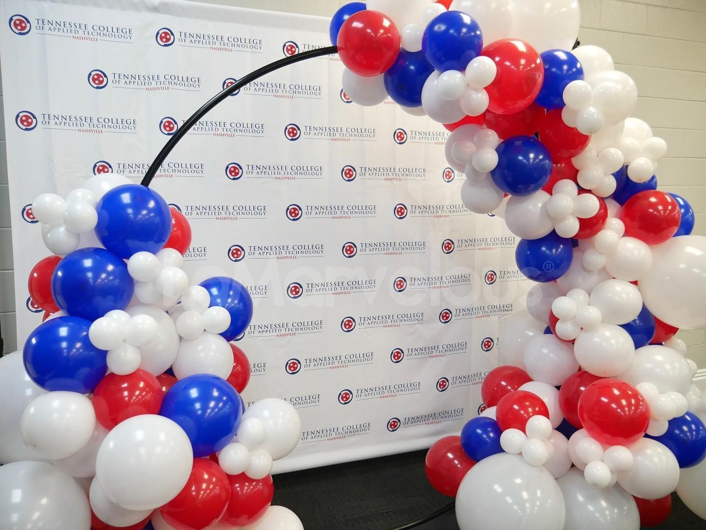 Red white and blue balloons are arranged in a circle