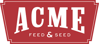 The logo for acme feed and seed is red and white.