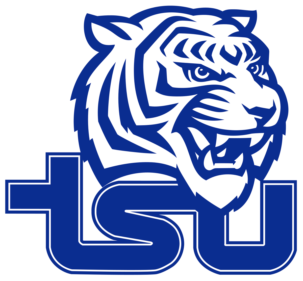 A blue and white logo with a tiger 's head and the letter ts.