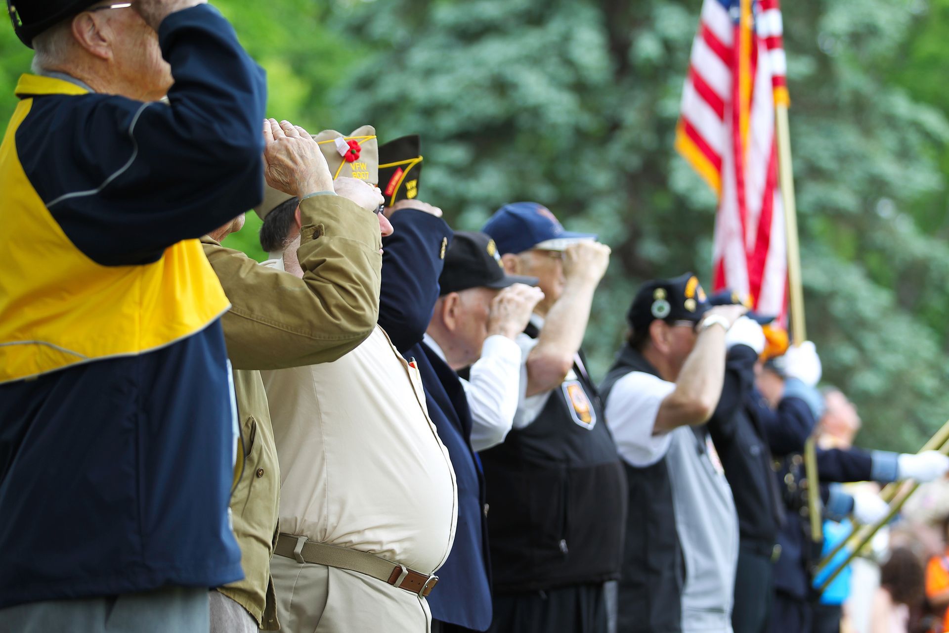 veterans saluting with a flag in the background