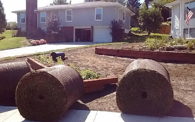 Two rolls of turf are sitting on the ground in front of a house