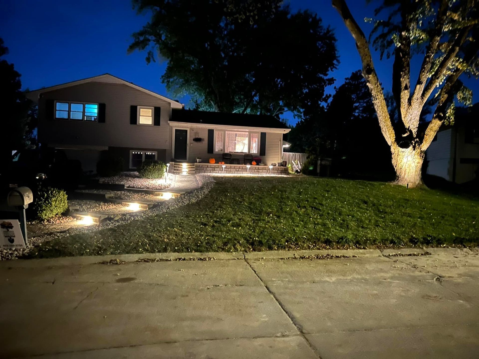 A house is lit up at night with a tree in front of it.