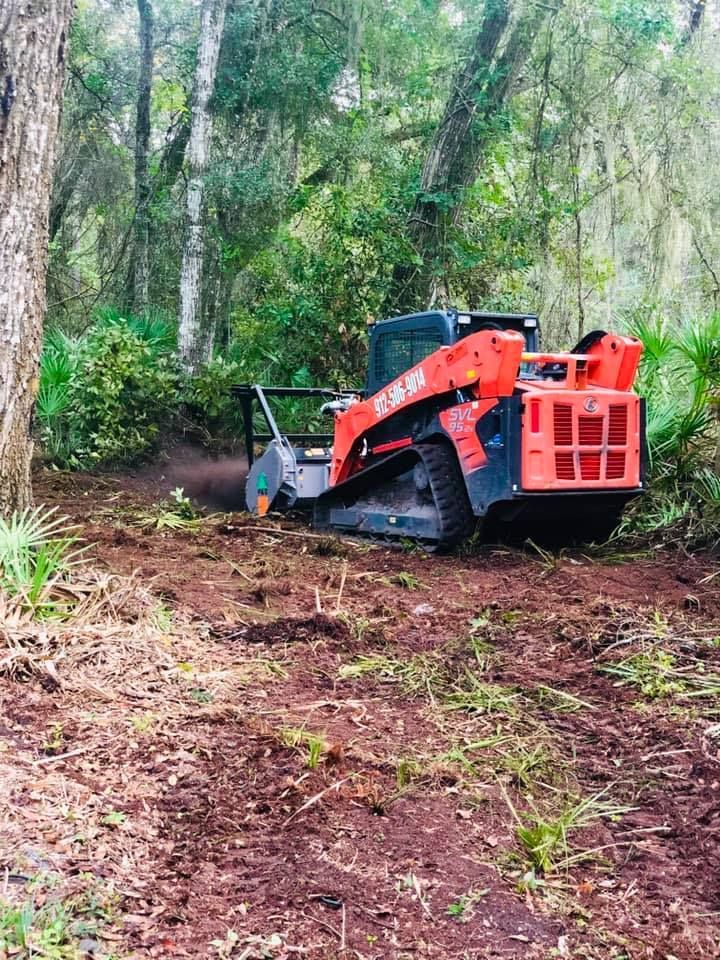 A bulldozer is cutting down trees in the woods.