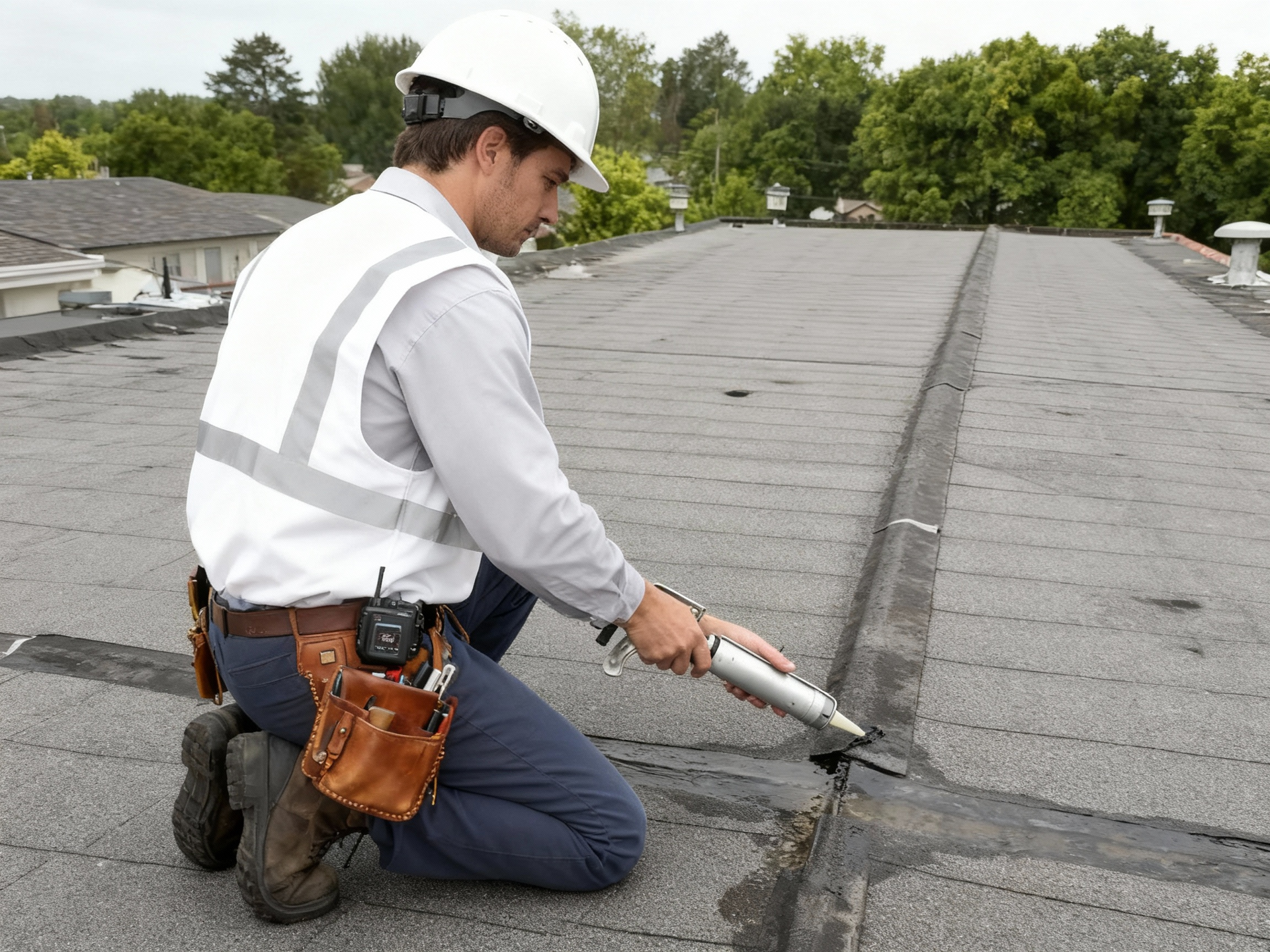 Person kneeling on a shingle roof, applying sealant from a caulk gun to a seam.