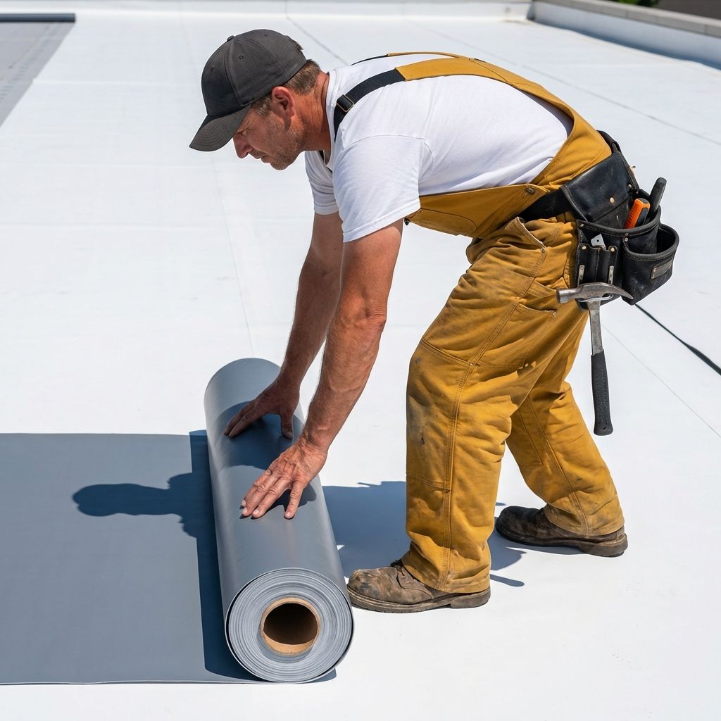 Person rolling out a gray roofing membrane onto a white roof surface.