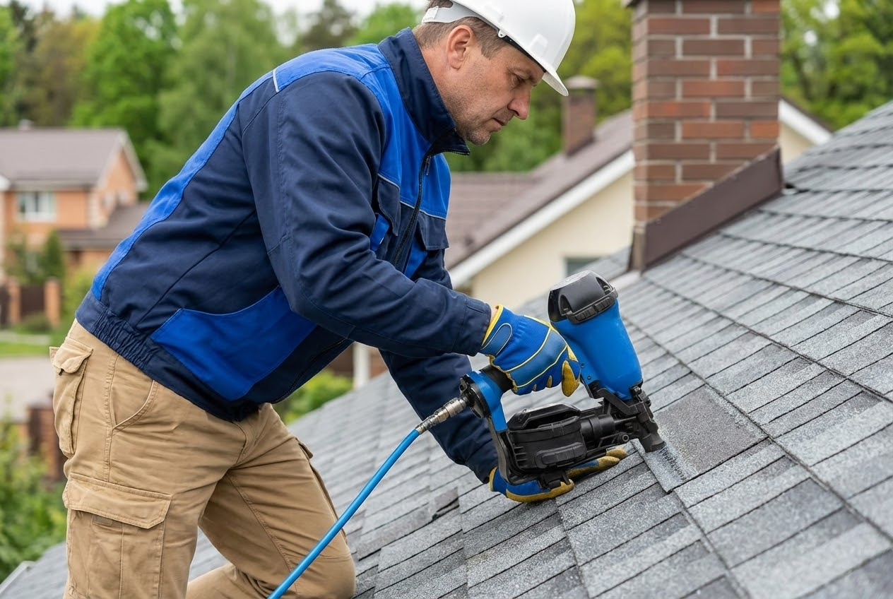 Man on ladder, applying sealant to house gutter under blue sky.