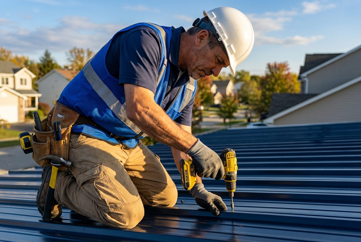 Person working on a wooden roof frame outdoors, sunlight.