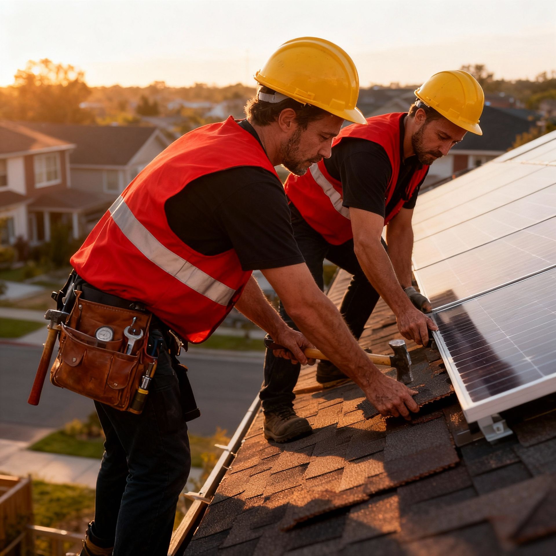 Roofer in orange jumpsuit, yellow hardhat, and gloves on a metal roof, securing it under a blue sky.