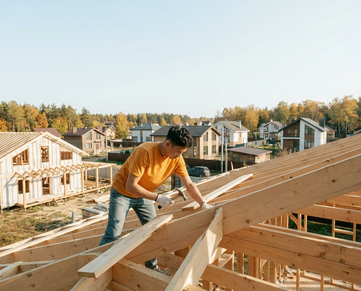 Two roofers in hard hats working on a roof, one smiles, one uses a tool.