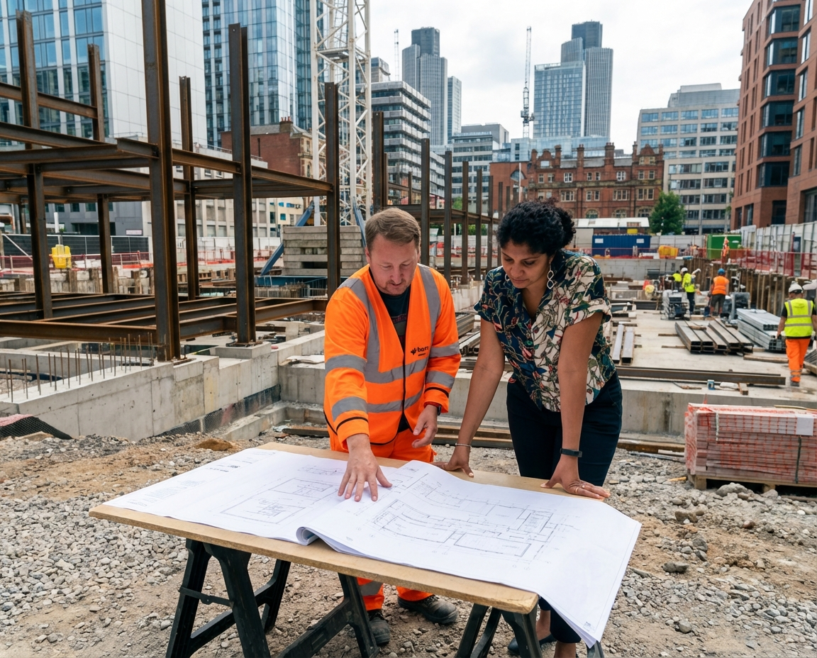 Construction worker with orange hard hat and tablet, smiling on a rooftop with colleagues.