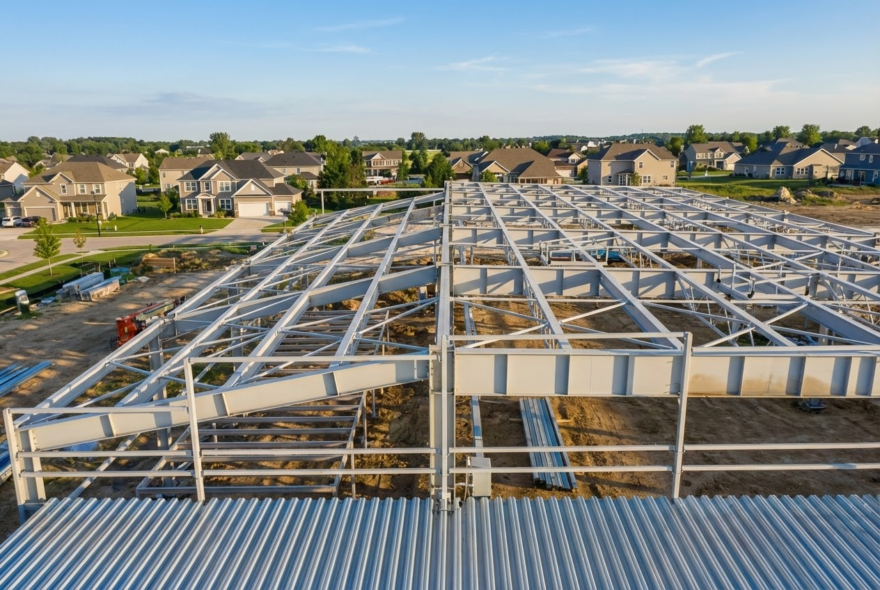 Steel framework of a building under construction, viewed from above, with corrugated metal roof.