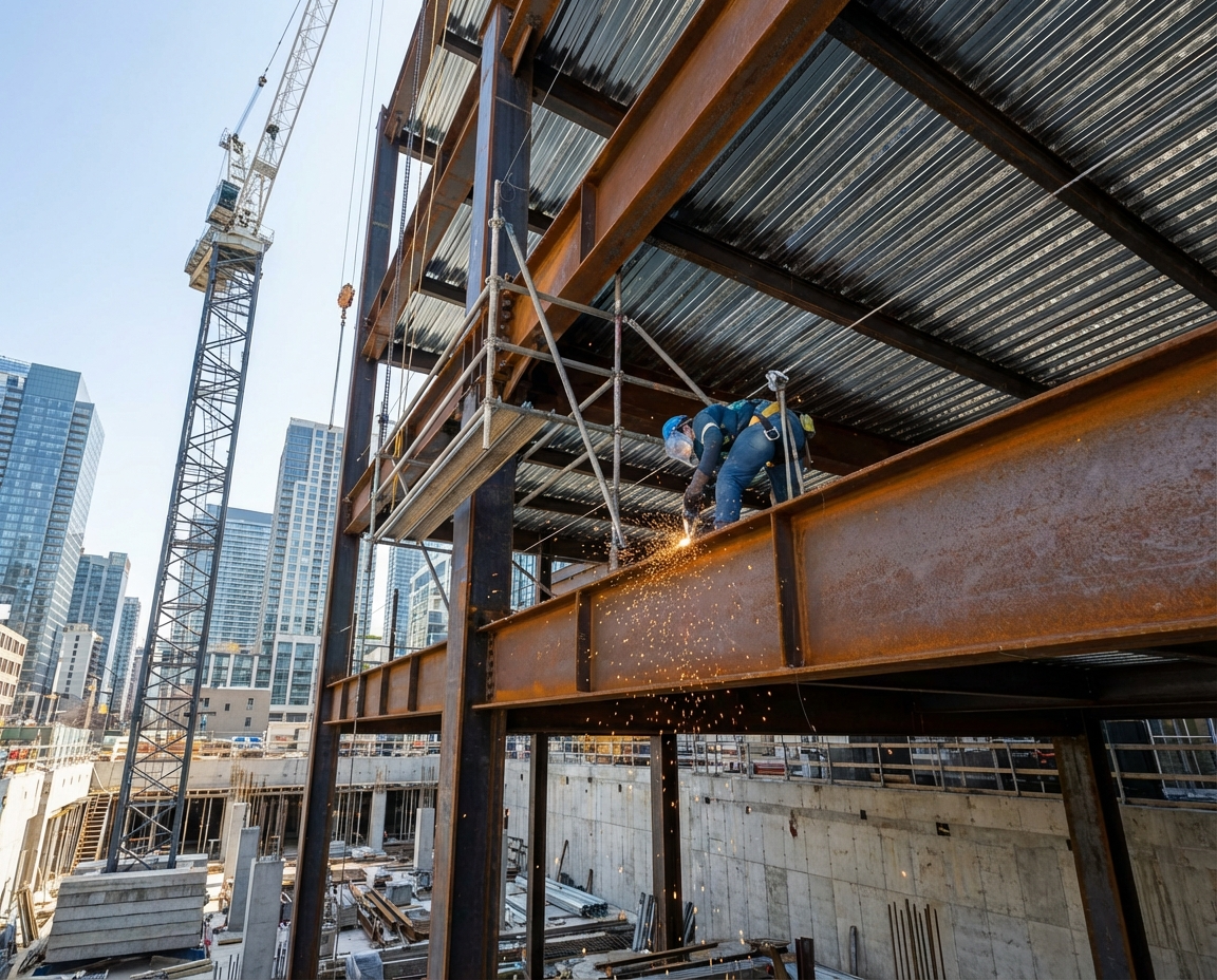 Construction worker welding steel beam on high-rise building with safety harness and scaffolding. Sparks fly.