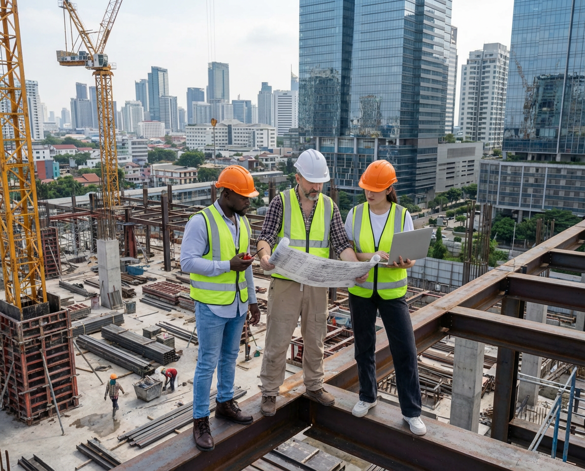 Construction workers reviewing blueprints at a building site. They wear hard hats and safety vests.