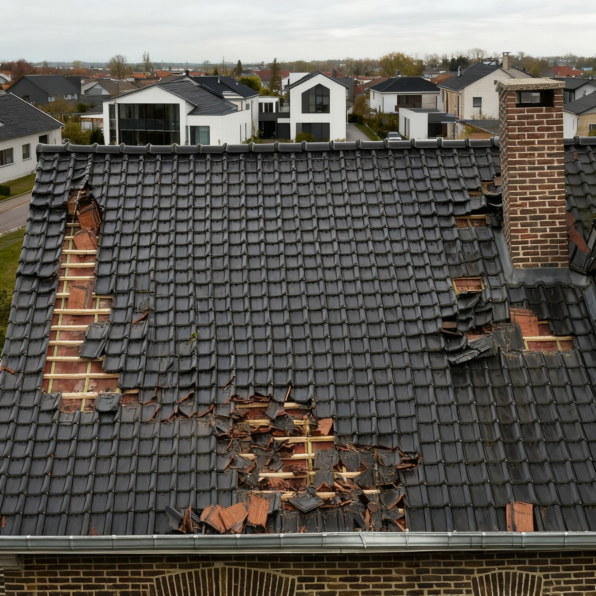 Overhead view of a building with exposed roof supports. A blue tarp covers a courtyard.