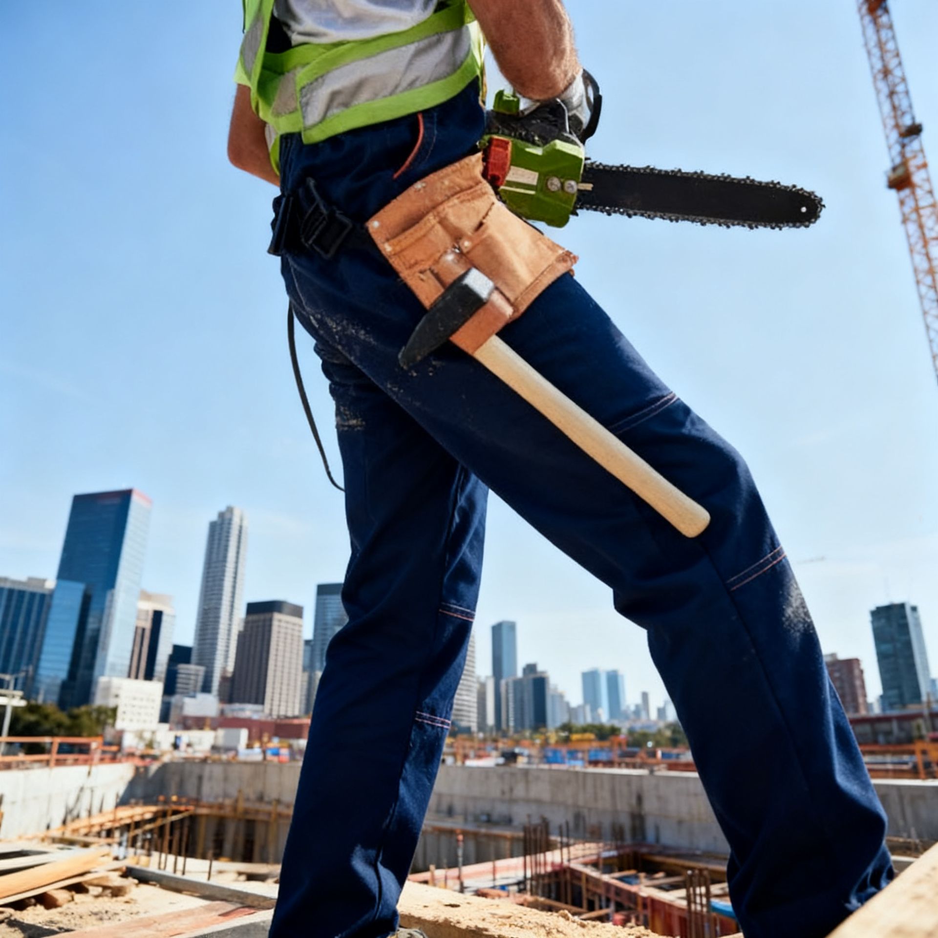 Carpenter using a chainsaw on a wooden structure, wearing a safety vest and carrying tools in a belt.