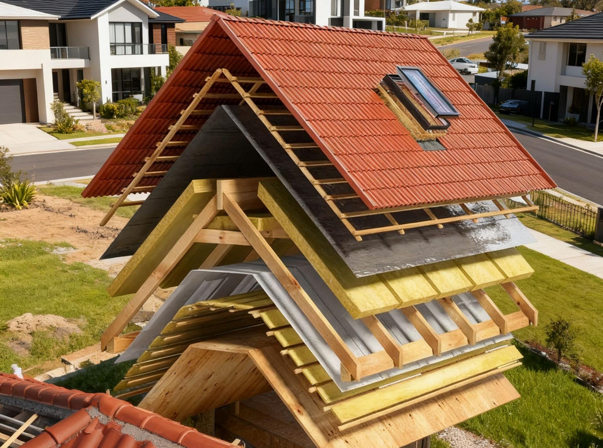 Diagram of a roof cross-section, showing layers of materials in varying colors, with a skylight.