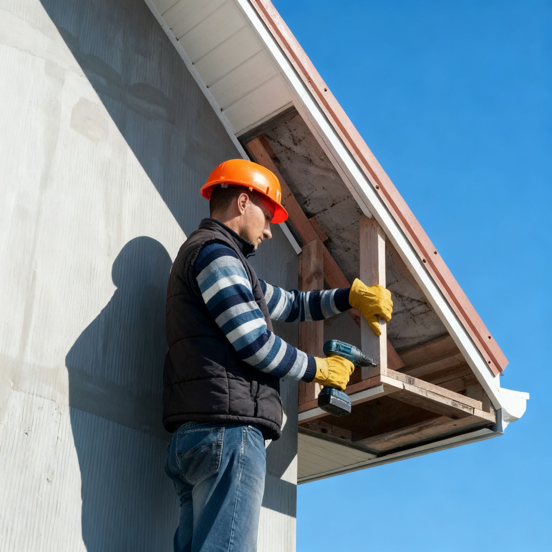 Construction worker on a ladder, installing wood under the roof eave, blue sky.