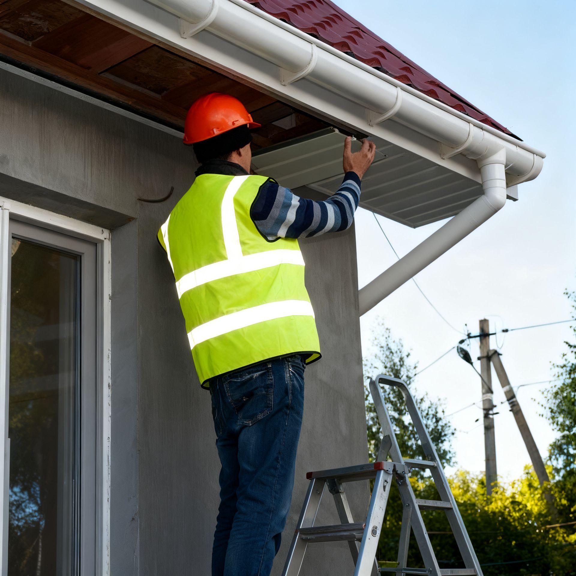 Construction worker in orange hard hat and safety vest installing white siding on a house.