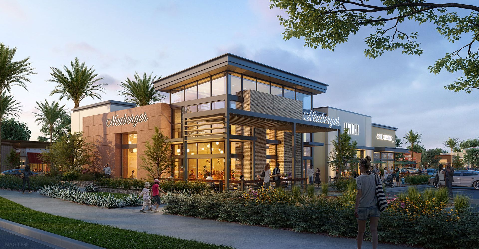 Exterior rendering of a two-story building with large windows and a covered patio, palm trees in the background.