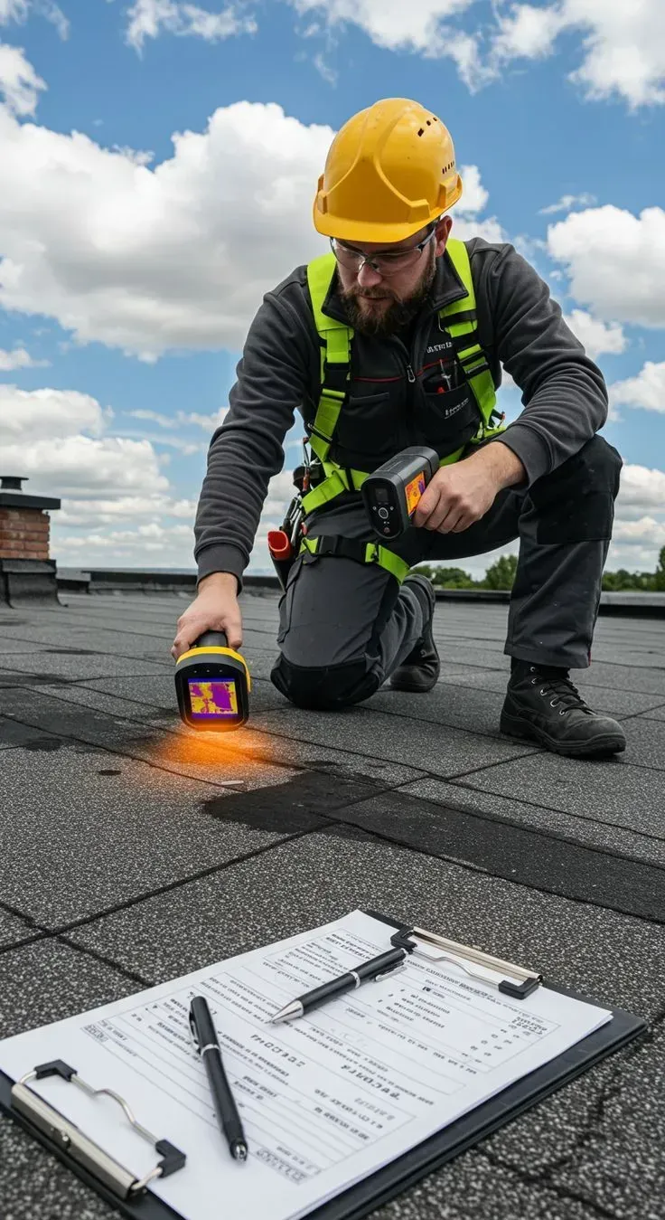 Person on a roof inspecting with a thermal camera. Yellow hard hat, safety harness. Clipboard, pens on the roof.